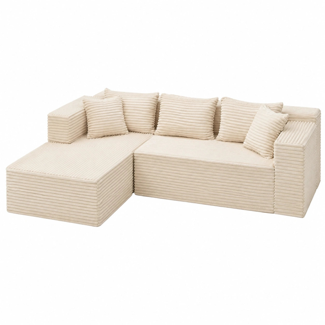Modernes L-förmiges Ecksofa aus Cordstoff, Beige, mit linker Recamiere, 3-Sitzer, 268 cm breit