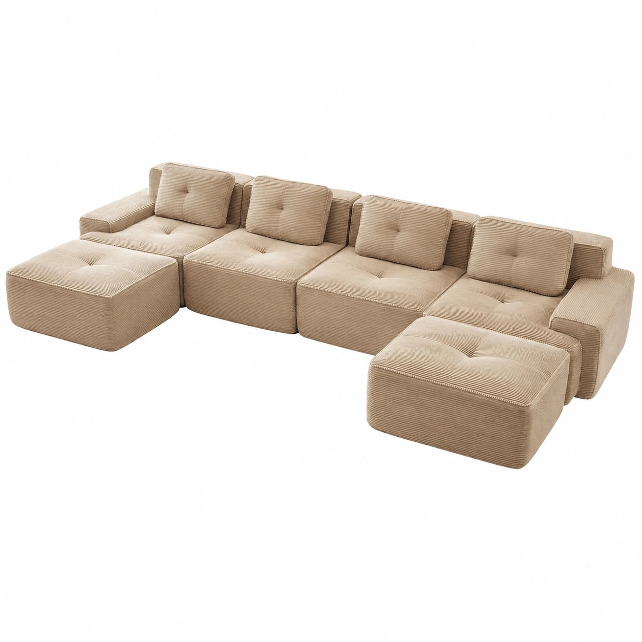 Bladez Modular 4-Sitzer Cord Sofa U-förmig mit Ottoman, Montierungsfrei, Helles Beige, Komfortables Cloud Design für Wohnzimmer