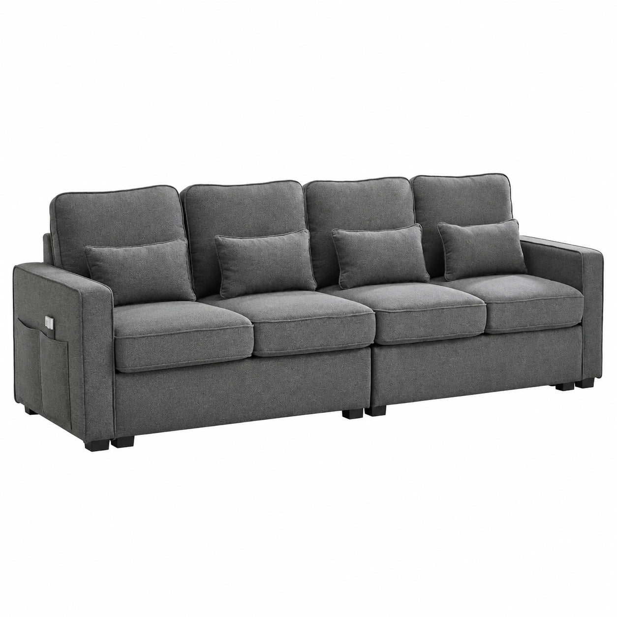 Moderner 4-Sitzer Sofa aus Leinen mit Kissen und Seitentasche, Dunkelgrau - Perfekt für Wohnzimmer, Schlafzimmer und Büro