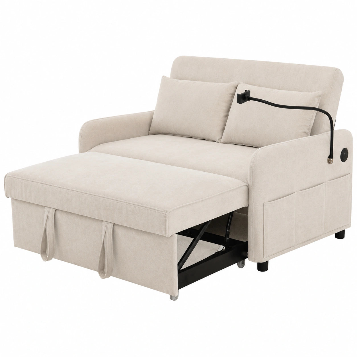 2-Sitzer Schlafsofa mit Klappfunktion, Multifunktionales Polstersofa, Verstellbare Rückenlehne, USB-Anschluss, Handyhalter, Chenille Beige