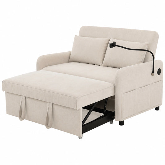 2-Sitzer Schlafsofa mit Klappfunktion, Multifunktionales Polstersofa, Verstellbare Rückenlehne, USB-Anschluss, Handyhalter, Chenille Beige