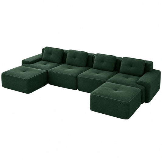 Modulares 4-Sitzer Cord-Sofa mit Hocker, U-förmige Eckcouch ohne Montage, Hochwertiges Polstersofa für Wohnzimmer, Grün