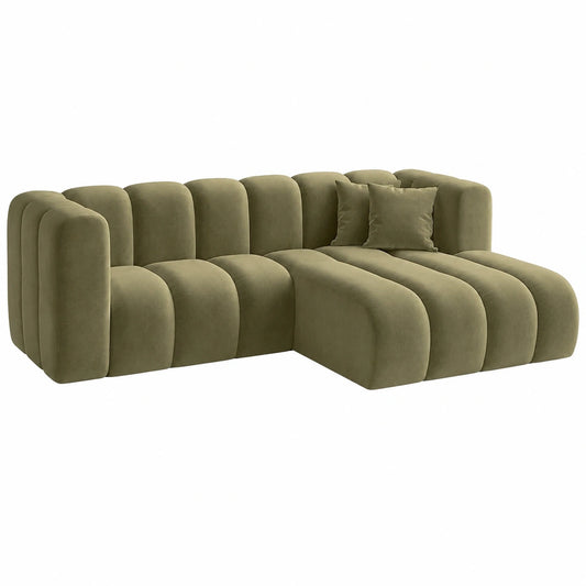 Luxus Ecksofa Relax, Velours L-Form Sofa Mit Ottomane, Komfort Lounge Set, Inklusive 2 Zierkissen, Olivgrün, Rechte Ausrichtung