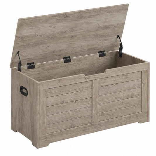 VASAGLE Schuhbank mit Stauraum und Sicherheitsscharnieren, Landhausstil, 40 x 100 x 46 cm, für Flur und Wohnzimmer, Greige