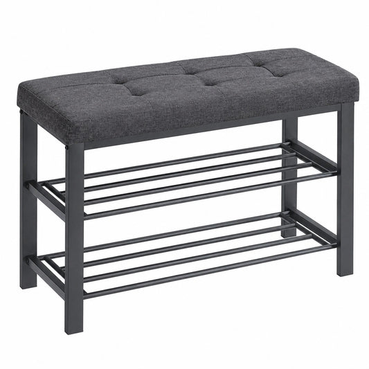 SONGMICS Schuhbank mit 3 Ebenen, Polstersitz & Metallgestell, Dunkelgrau-Schwarz, 31 x 81 x 49 cm