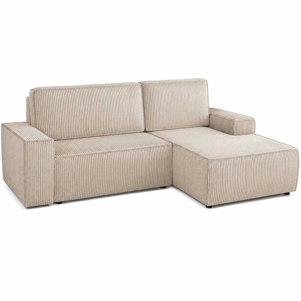 Modernes Ecksofa Totti mit Schlaffunktion und Bettkasten aus Cordstoff in Beige, L-Form, rechtsseitig