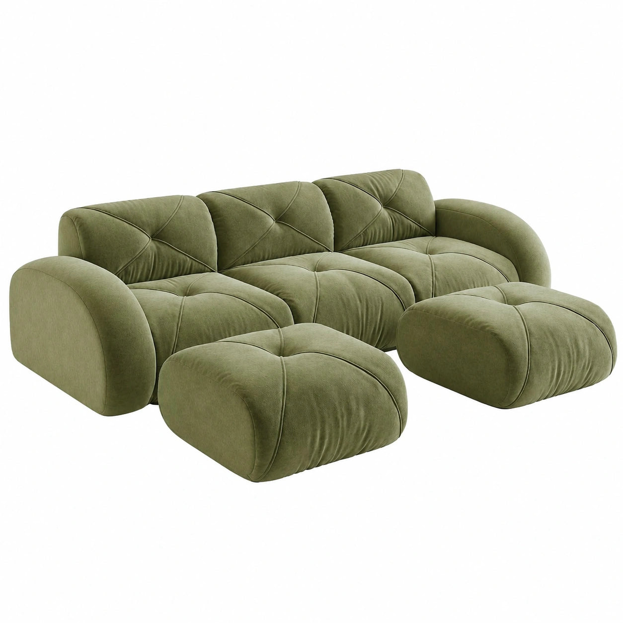 Modulares 3-Sitzer-Sofa in U-Form mit Hockern, rutschfest, ohne Montage, Stoff grün