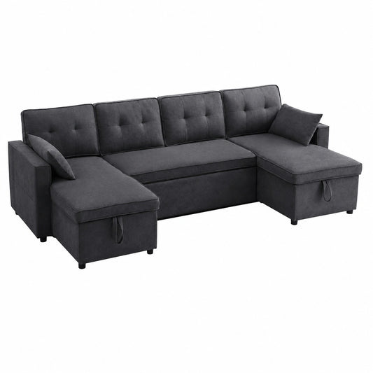 Soweiz U-Sofa mit Schlaffunktion, Baumwoll-Leinen-Bezug, Getränkehalter, Stauraum, grau