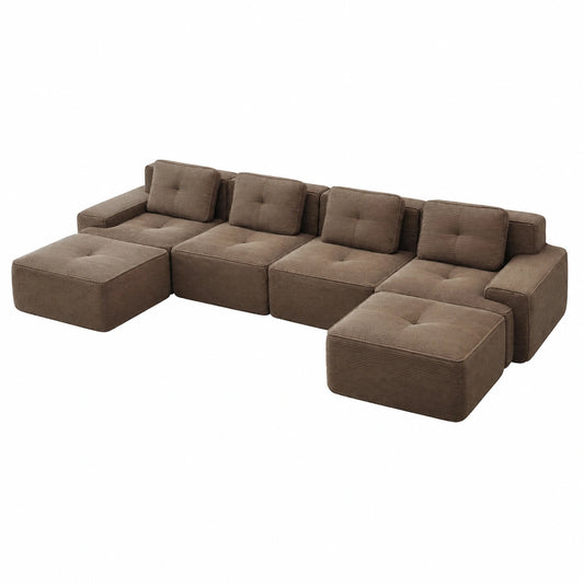 Bladez Modulares U-förmiges Sofa mit Ottoman, 4-Sitzer Cord Couch, Montagesfrei, Hochwertiges Polstersofa für Wohnzimmer, Braun
