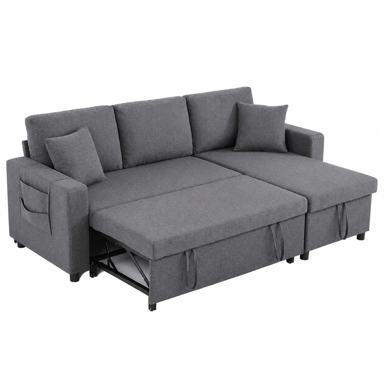 Eckschlafsofa mit Chaiselongue und Stauraum, wandelbar links/rechts, Polstersofa mit Seitentaschen, Dunkelgrau, 3-Sitzer