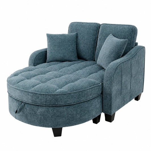 Multifunktionales Schlafsofa mit Chaiselongue und Stauraum, inklusive Hocker und 4 Kissen, ideal für kleine Wohnräume, Schlafzimmer und Arbeitszimmer, Blau