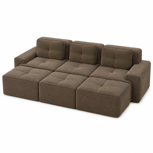 Bladez 3-Sitzer Cord Sofa Modular, Schlafsofa mit Hocker und Polstersofa, Montagefrei, Hochelastischer Schaumstoff, Wohnzimmer Sofa (Braun)