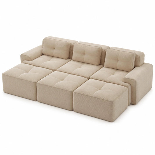 Bladez 3-Sitzer Cord Sofa: Modernes Modulares Schlafsofa mit Hocker, Hellkhaki, Sofort nutzbar, Hohe Elastizität