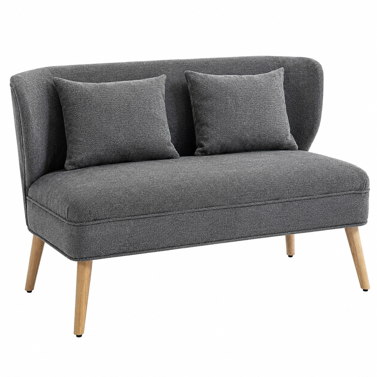 Modernes 2-Sitzer Sofa mit Wing-Back und Kissen, Chenille-Optik, Holzfüße, Grau