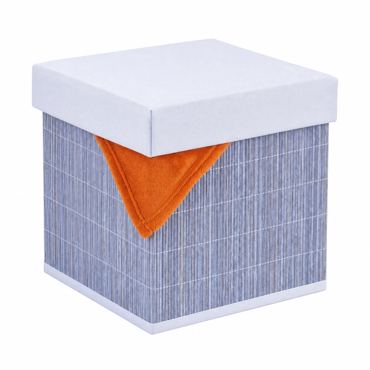 Faltbarer Sitzhocker mit Stauraum, Grau/Weiß, 35x35x35 cm, Weich Gepolstert, Stoff-Bambus