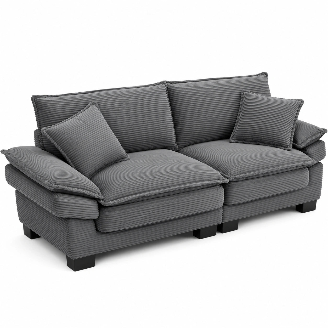 3-Sitzer Loungesofa mit Armlehnen und Zierkissen, Cordbezug, hoher Komfort, bis 450 kg belastbar, für Wohn- und Schlafzimmer, 224x81x81cm, dunkelgrau